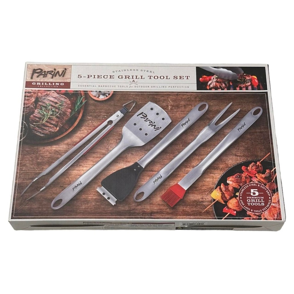 NWT PARINI 5 PIECE GRILL TOOL SET-TONGS, FORK, SPATULA, BASTING & CLEANING BRUSH